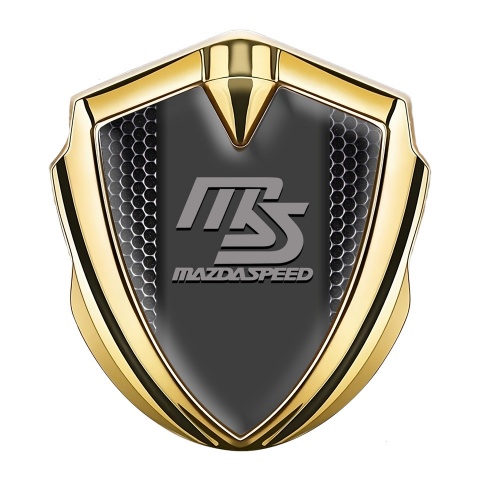 Mazda Speed Abzeichen selbstklebend Goldtonfarbe mit Basis Perforierter Stahl Effekt und Grau logo Stil
