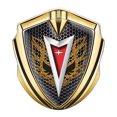 Pontiac Emblem Abzeichen selbstklebend Goldtonfarbe Perforierter Stahl Basis mit Feuervogel Logo Design