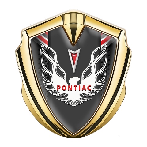 Pontiac Abzeichen selbstklebend Goldtonfarbe Dunkles Mesh mit Rote Elemente Basis und Weiss Logo