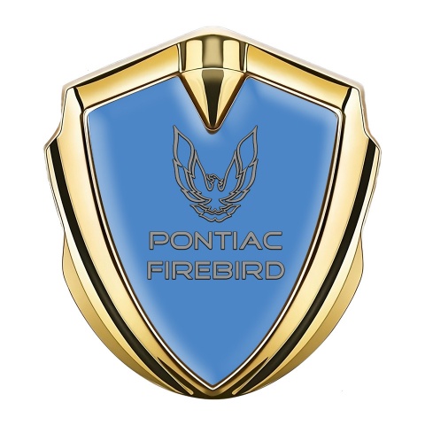Pontiac Firebird Selbstklebendes Metallaufkleber Emblem Goldtonfarbe Blau Basis mit Grau Logo