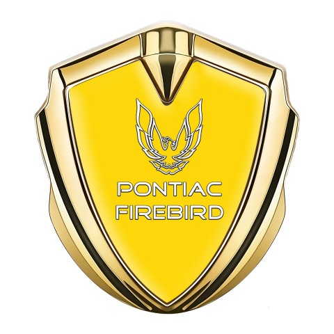 Pontiac Firebird Emblem Logo Schriftzug Aufkleber Goldtonfarbe Gelb Fundament mit Weiss Logo