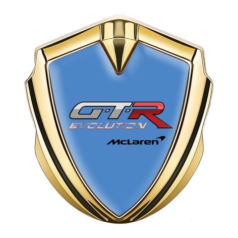 Mclaren GTR Emblem Auto Zeichen Goldtonfarbe Blau basis mit Evolution Logo