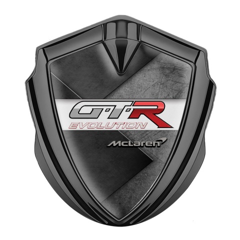 Mclaren GTR Seitenflugel Emblem Aufkleber Graphit Tonfarbe gelotete Oberflaache Effekt mit Evolution Logo