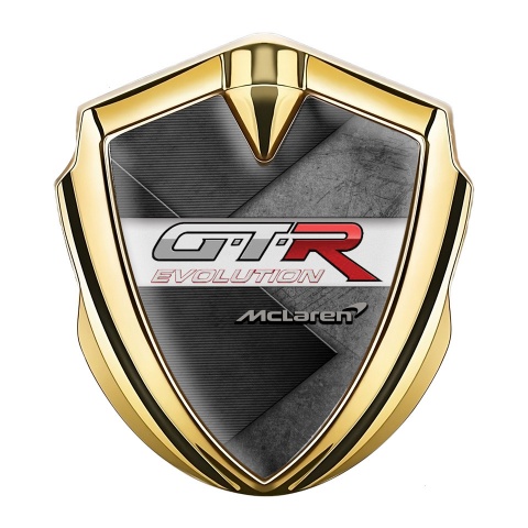Mclaren GTR Seitenflugel Emblem Aufkleber Goldtonfarbe gelotete Oberflaache Effekt mit Evolution Logo