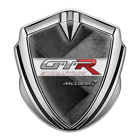 Mclaren GTR Seitenflugel Emblem Aufkleber Silbertonfarbe gelotete Oberflaache Effekt mit Evolution Logo