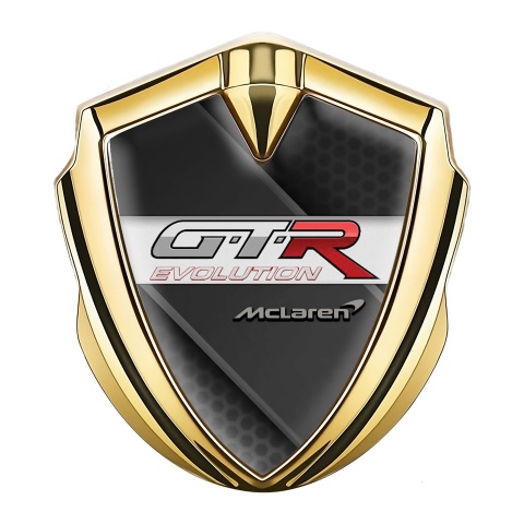 Mclaren GTR Seitenflugel Emblem Aufkleber Goldtonfarbe Dunkles Diagonale panel mit Evolution Logo