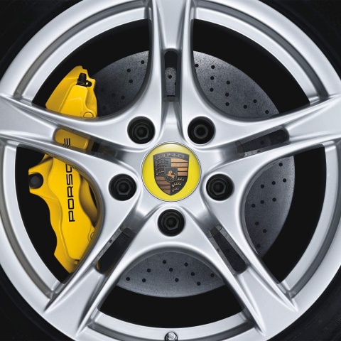 Porsche Wheel Emblems Wood Style Logo Yellow