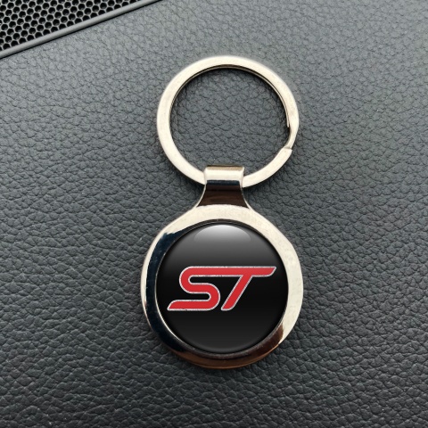 Ford ST Keychain Metal Black Silver Outline Red Logo Design
