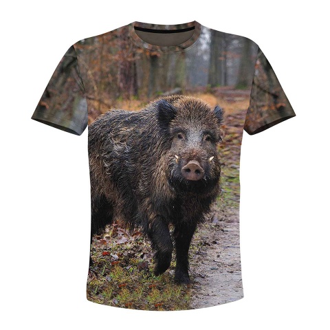 Hunting Short Sleeve T-Shirt Wild Black Boar Forest Full Color