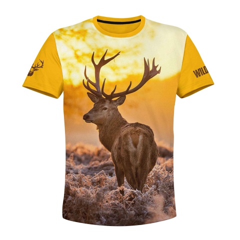 Hunting T-Shirt Short Sleeve Wild Deer Golden Sky Bakckground