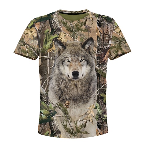 Hunting T-Shirt Short Sleeve Wild Angry Wolf Stare Forest Design