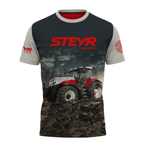 Steyr Short Sleeve T-Shirt Grey Full Color Print Tractor Collage