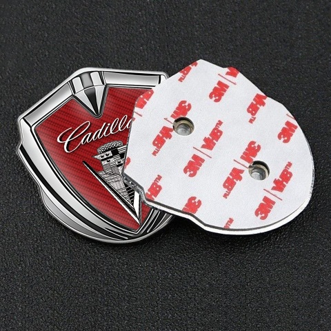 Cadillac Fender Metal Emblem Badge Silver Red Carbon Design