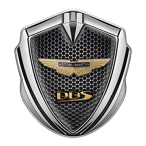 Aston Martin Emblem Aufkleber Autozubehor Silbertonfarbe mit Perforierter Stahl Effekt und Gold Logo