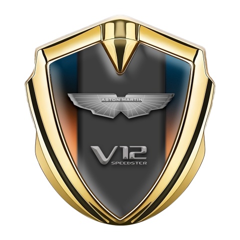 Aston Martin Seitenflugel Emblem Aufkleber Goldtonfarbe mit Orange Blau Basis und V12 Logo