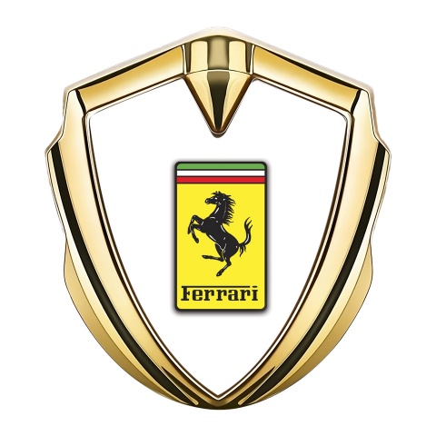 Ferrari Selbstklebendes Metallaufkleber Emblem Goldtonfarbe mit Weiss Basis und Gelb Logo Stil
