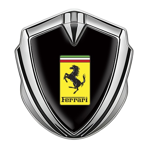 Ferrari Seitenflugel Emblem Aufkleber Silbertonfarbe mit Schwarz Basis und Gelb Logo