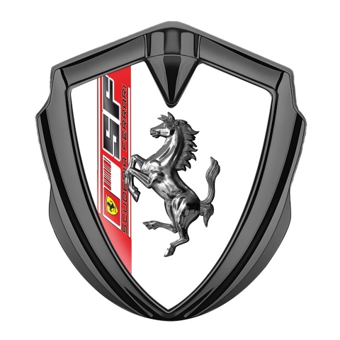 Ferrari Abzeichen selbstklebend Graphit Tonfarbe mit Weiss Vorlage und Chrome Logo
