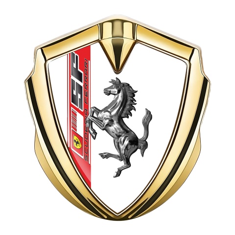 Ferrari Abzeichen selbstklebend Goldtonfarbe mit Weiss Vorlage und Chrome Logo