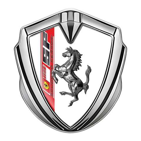 Ferrari Abzeichen selbstklebend Silbertonfarbe mit Weiss Vorlage und Chrome Logo