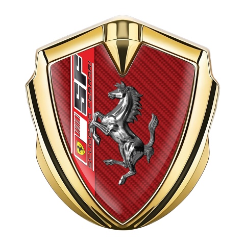 Ferrari Emblem Logo Schriftzug Aufkleber mit Goldtonfarbe und Rote carbon Vorlage und Chrom Logo Stil