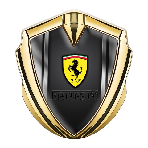 Ferrari Emblem Logo Schriftzug Aufkleber Goldtonfarbe Metallrahmen Effekt und Schwarz Logo Panel