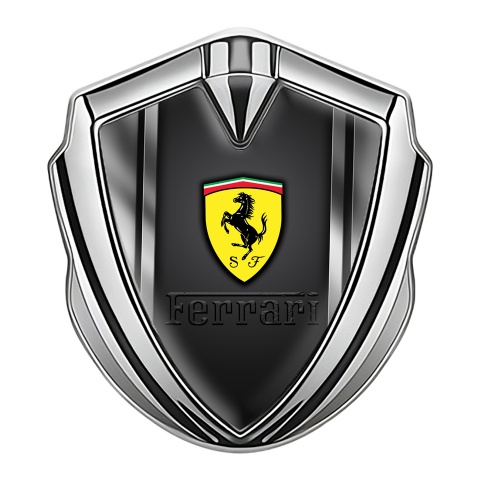 Ferrari Emblem Logo Schriftzug Aufkleber Silbertonfarbe Metallrahmen Effekt und Schwarz Logo Panel