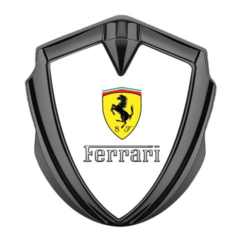 Ferrari Selbstklebendes Metallaufkleber Emblem Graphit Tonfarbe mit Weiss Hintergrund Sauberes Logo