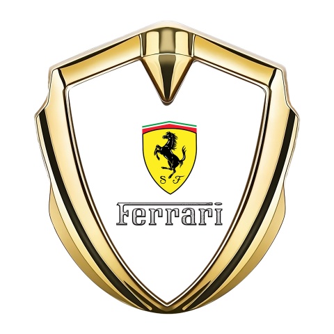 Ferrari Selbstklebendes Metallaufkleber Emblem Goldtonfarbe mit Weiss Hintergrund Sauberes Logo