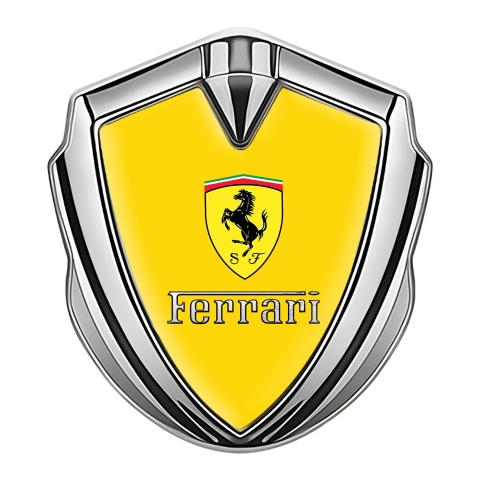 Ferrari Emblem Logo Schriftzug Aufkleber Silbertonfarbe mit Gelb Fundament Sauberes Logo