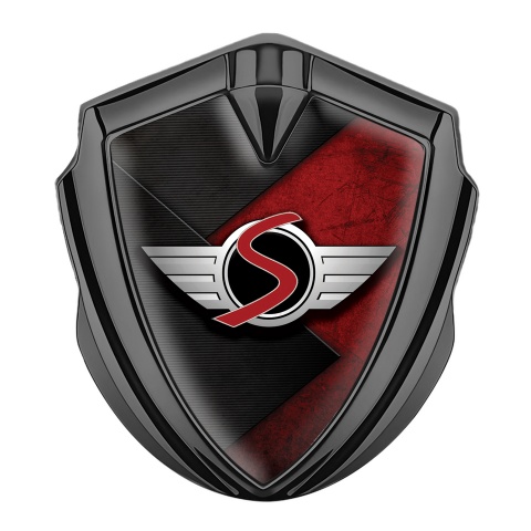 Mini Cooper S Emblem Abzeichen selbstklebend Graphit Tonfarbe mit Schwarz Rot Oberflache Basis