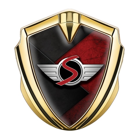 Mini Cooper S Emblem Abzeichen selbstklebend Goldtonfarbe mit Schwarz Rot Oberflache Basis