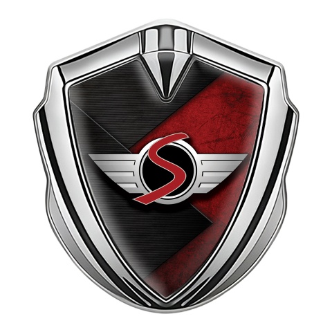 Mini Cooper S Emblem Abzeichen selbstklebend Silbertonfarbe mit Schwarz Rot Oberflache Basis