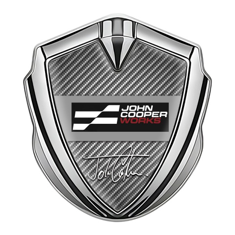 Mini Cooper 3D Emblem Abzeichen selbstklebend Silbertonfarbe Mit Kohlenstoff Basis und John Cooper Works Logo