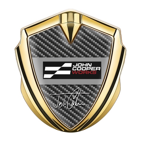 Mini Cooper Emblem Logo Schriftzug Aufkleber Goldtonfarbe Mit Dunkel Carbon Basis und John Cooper Works Logo