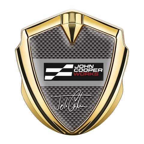 Mini Cooper Seitenflugel Emblem Aufkleber Goldtonfarbe Mit Braun Carbon Basis und John Cooper Works Logo