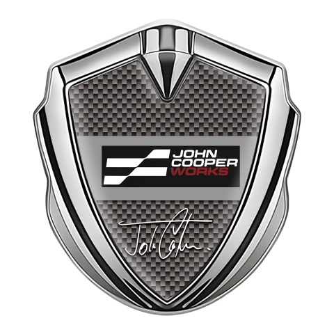 Mini Cooper Seitenflugel Emblem Aufkleber Silbertonfarbe Mit Braun Carbon Basis und John Cooper Works Logo