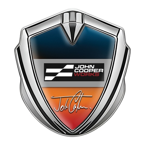 Mini Cooper John Cooper Emblem Abzeichen selbstklebend Silbertonfarbe mit Blau Orangefarbenes Grundmotiv