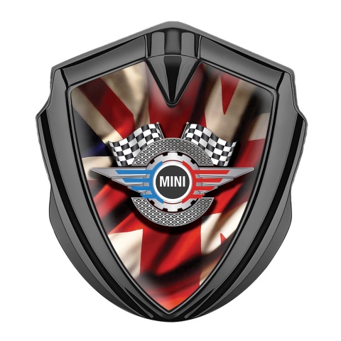 Mini Cooper Emblem Auto Zeichen mit Graphit Tonfarbe und Britische Flagge Auflage