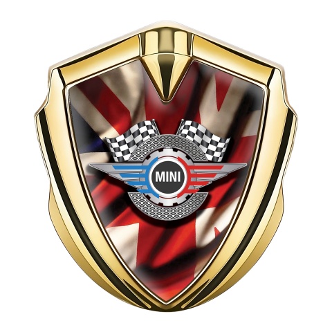 Mini Cooper  Emblem Auto Zeichen mit Goldtonfarbe und Britische Flagge Auflage