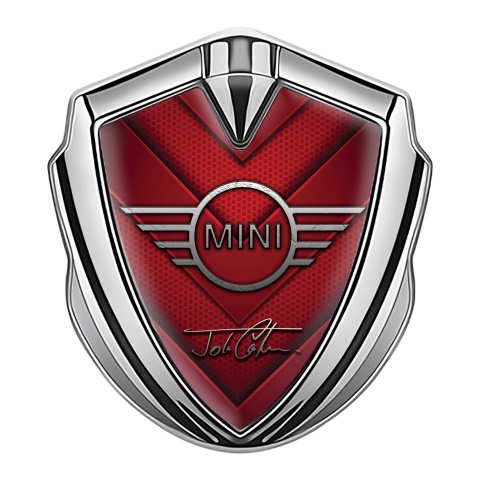 Mini Cooper Selbstklebendes Metallaufkleber Emblem Silbertonfarbe mit Rot V formige Segel Design