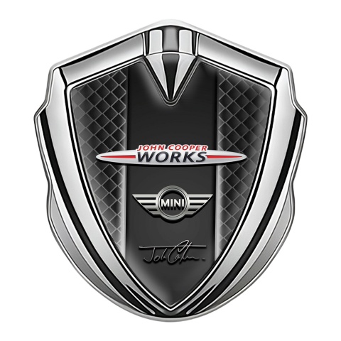 Mini Cooper Selbstklebendes Metallaufkleber Emblem Silbertonfarbe mit Dunkles Gitter Basis John Cooper Works Logo