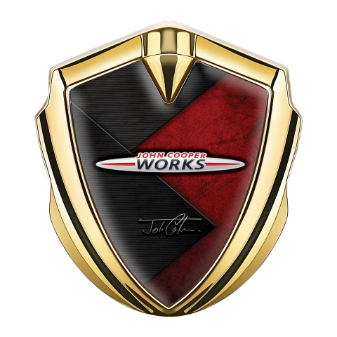 Mini Cooper Emblem Abzeichen selbstklebend Goldtonfarbe mit Grunge Wirkung und John Cooper Works Logo