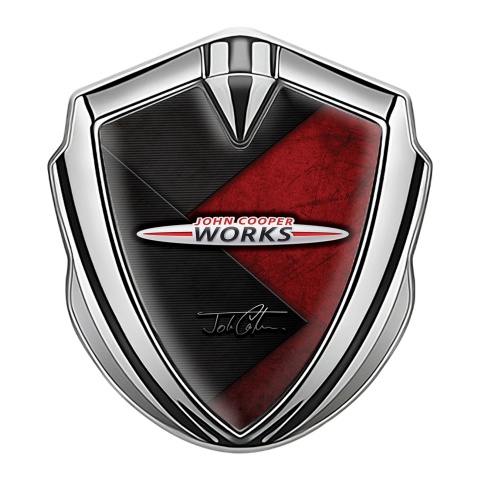 Mini Cooper Emblem Abzeichen selbstklebend Silbertonfarbe mit Grunge Wirkung und John Cooper Works Logo