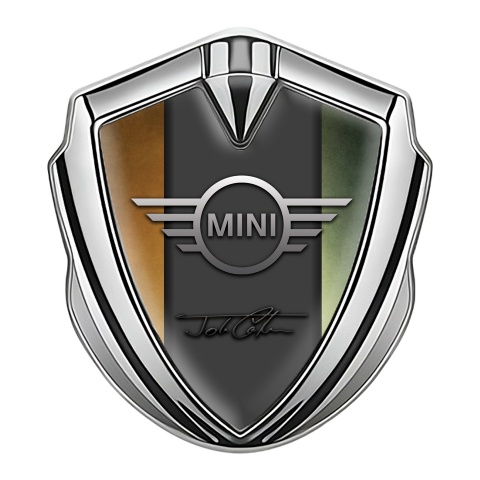 Mini Cooper Emblem Abzeichen Silbertonfarbe mit John Cooper Unterschrift Design