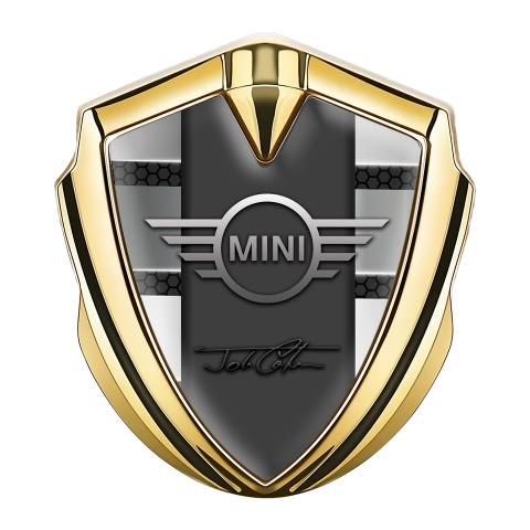 Mini Cooper Abzeichen selbstklebend Goldtonfarbe mit Blindeffekt und John Cooper Unterschrift