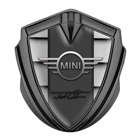 Mini Cooper Emblem Auto Zeichen Graphit Tonfarbe mit Graues Gefangnis Effekt und John Cooper Unterschrift