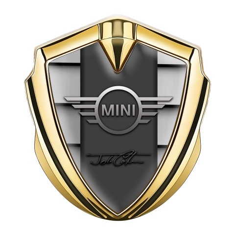 Mini Cooper Emblem Auto Zeichen Goldtonfarbe mit Graues Gefangnis Effekt und John Cooper Unterschrift