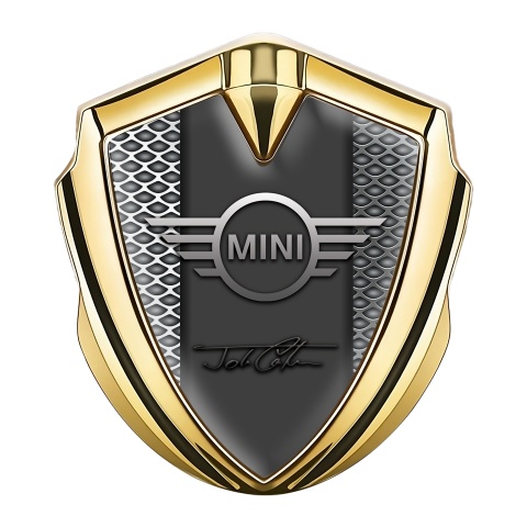 Mini Cooper Emblem Aufkleber Autozubehor Goldtonfarbe mit Graues Netzwerk und John Cooper Unterschrift