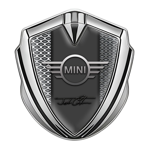 Mini Cooper Emblem Aufkleber Autozubehor Silbertonfarbe mit Graues Netzwerk und John Cooper Unterschrift